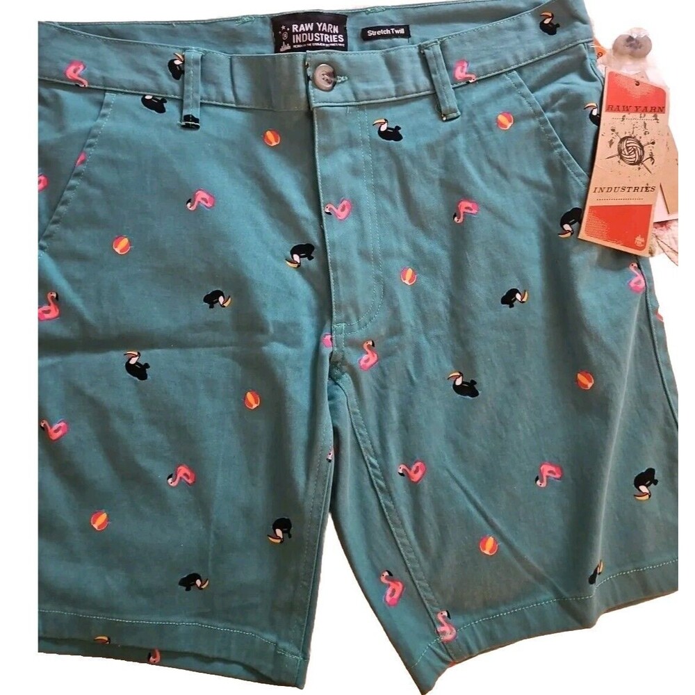 Raw Yarn Industries Green Flamingo Toucan Pool Float Shorts Men's Size 32 NWT